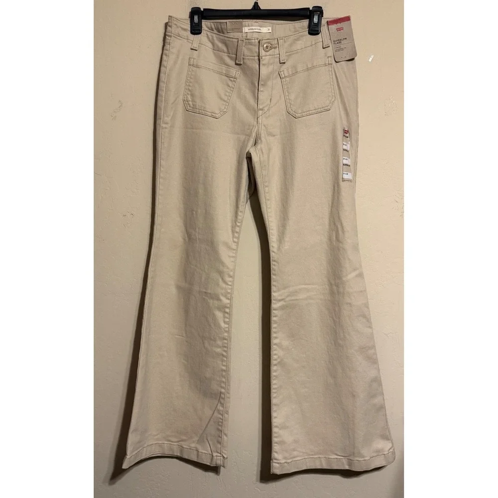 Levi's Superlow Flare Jeans‎ Khaki Beige Pants Women 31x32 Wide Leg Stretch NEW